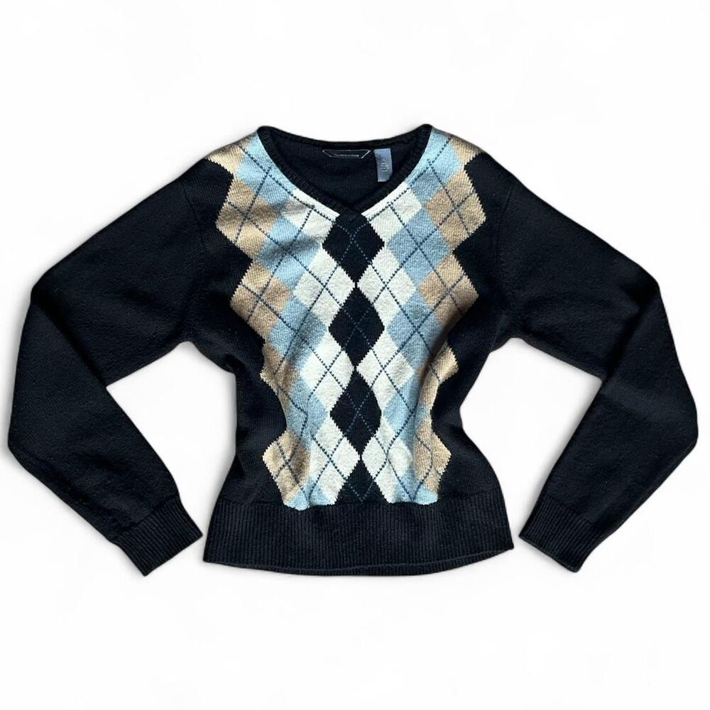 Vintage Hillard & Hansons Black, Blue,& Beige, Argyle, Long Sleeve Sweater. XL.